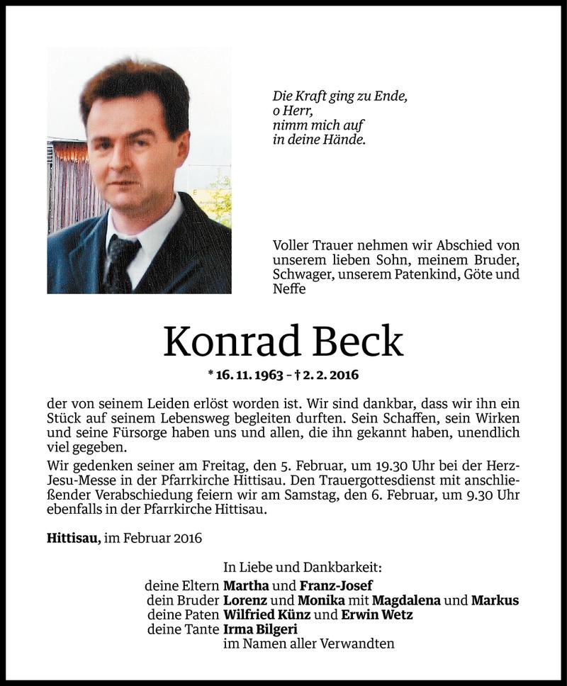  Todesanzeige für Konrad Beck vom 03.02.2016 aus Vorarlberger Nachrichten