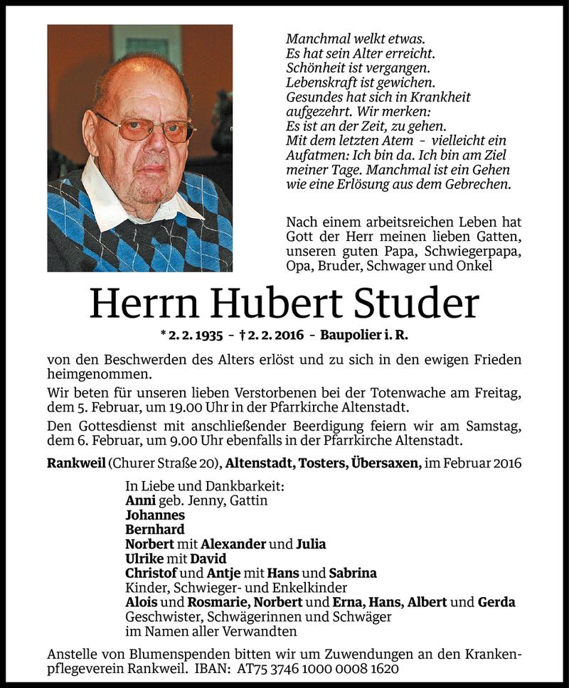  Todesanzeige für Hubert Studer vom 04.02.2016 aus Vorarlberger Nachrichten