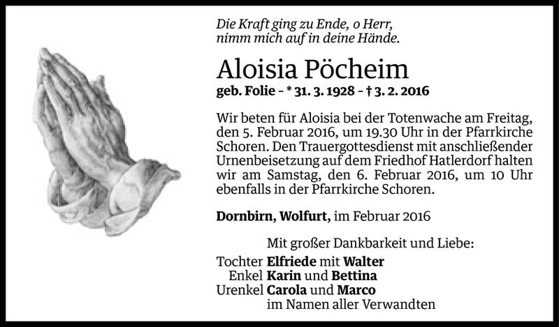  Todesanzeige für Aloisia Pöcheim vom 03.02.2016 aus Vorarlberger Nachrichten