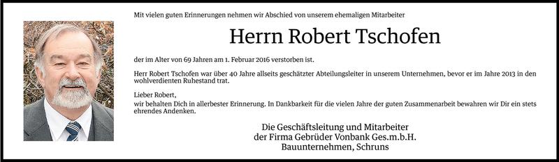  Todesanzeige für Robert Tschofen vom 03.02.2016 aus Vorarlberger Nachrichten