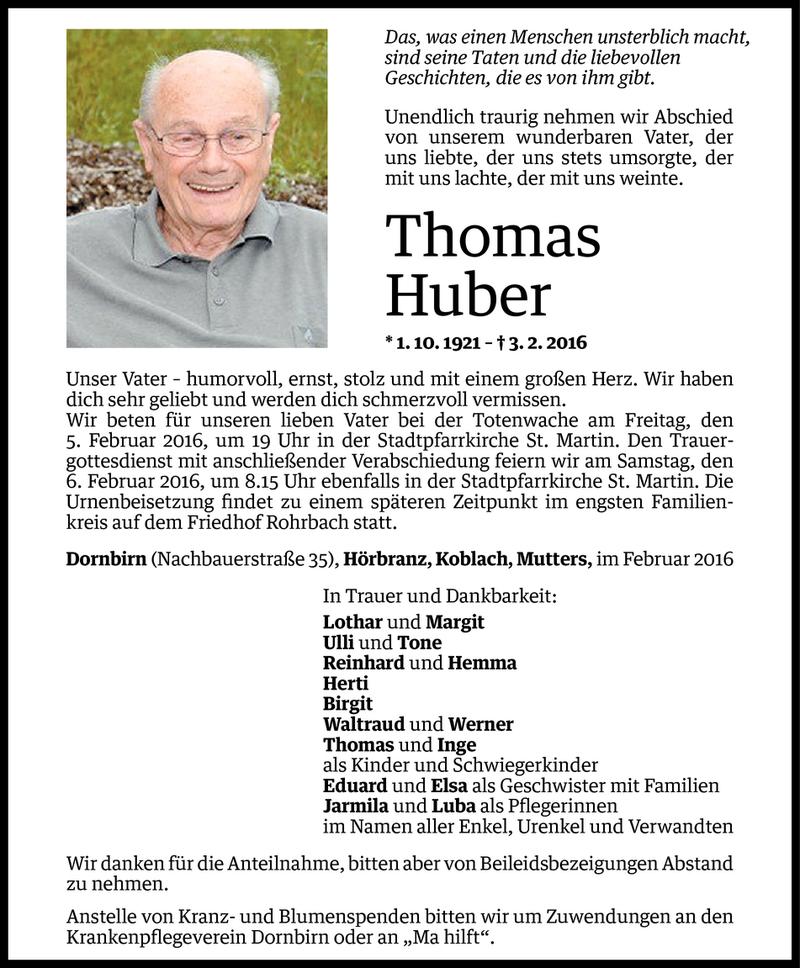  Todesanzeige für Thomas Huber vom 03.02.2016 aus Vorarlberger Nachrichten