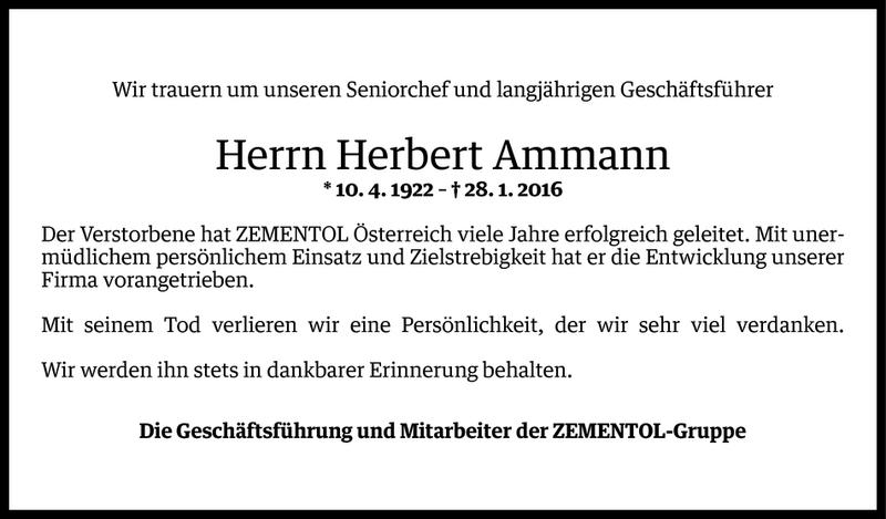  Todesanzeige für Herbert Ammann vom 03.02.2016 aus Vorarlberger Nachrichten