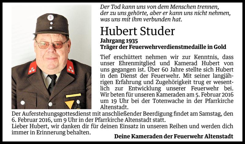  Todesanzeige für Hubert Studer vom 04.02.2016 aus Vorarlberger Nachrichten