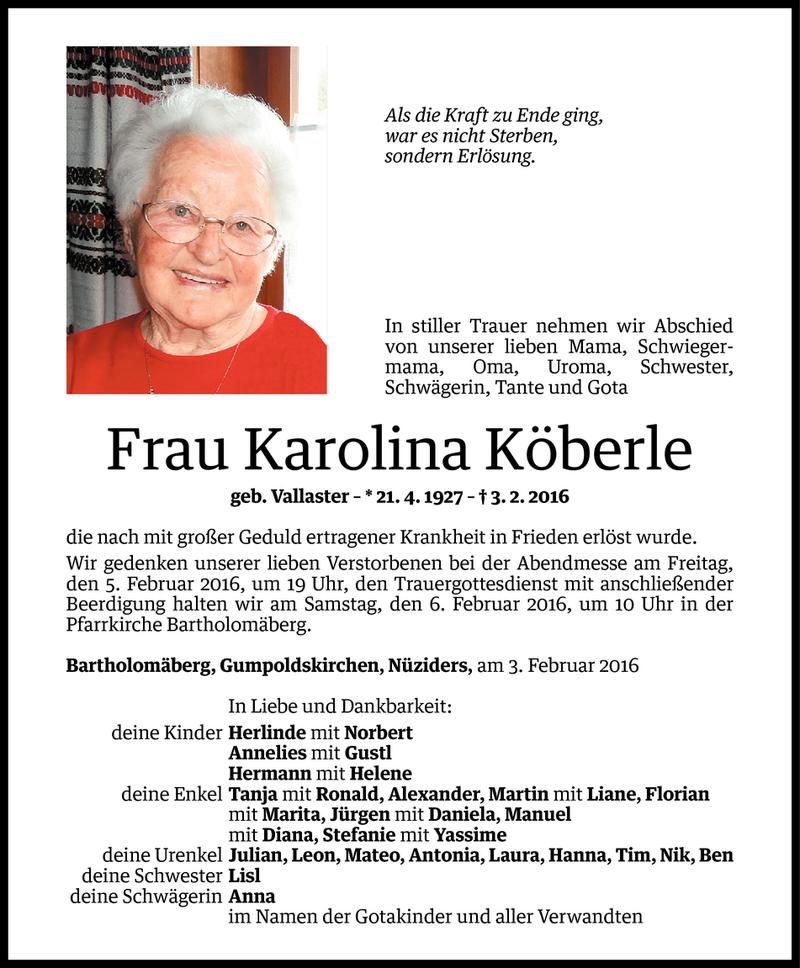  Todesanzeige für Karolina Köberle vom 04.02.2016 aus Vorarlberger Nachrichten