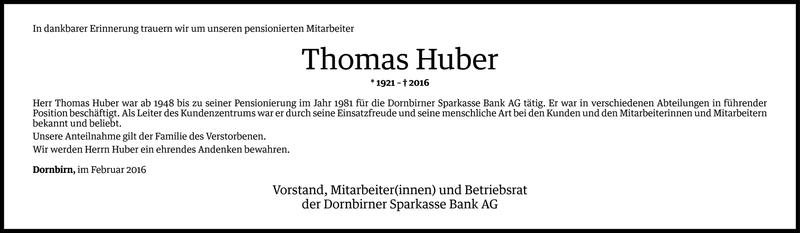  Todesanzeige für Thomas Huber vom 05.02.2016 aus Vorarlberger Nachrichten