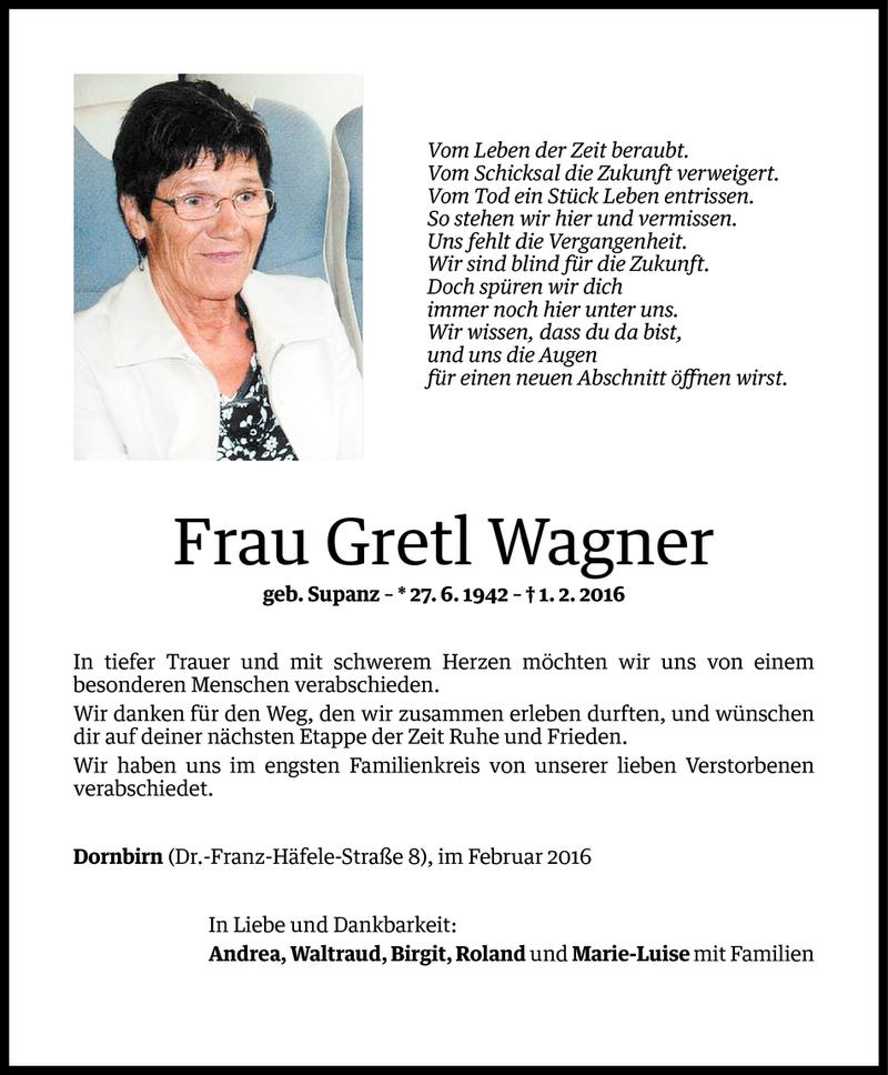  Todesanzeige für Gretl Wagner vom 06.02.2016 aus Vorarlberger Nachrichten