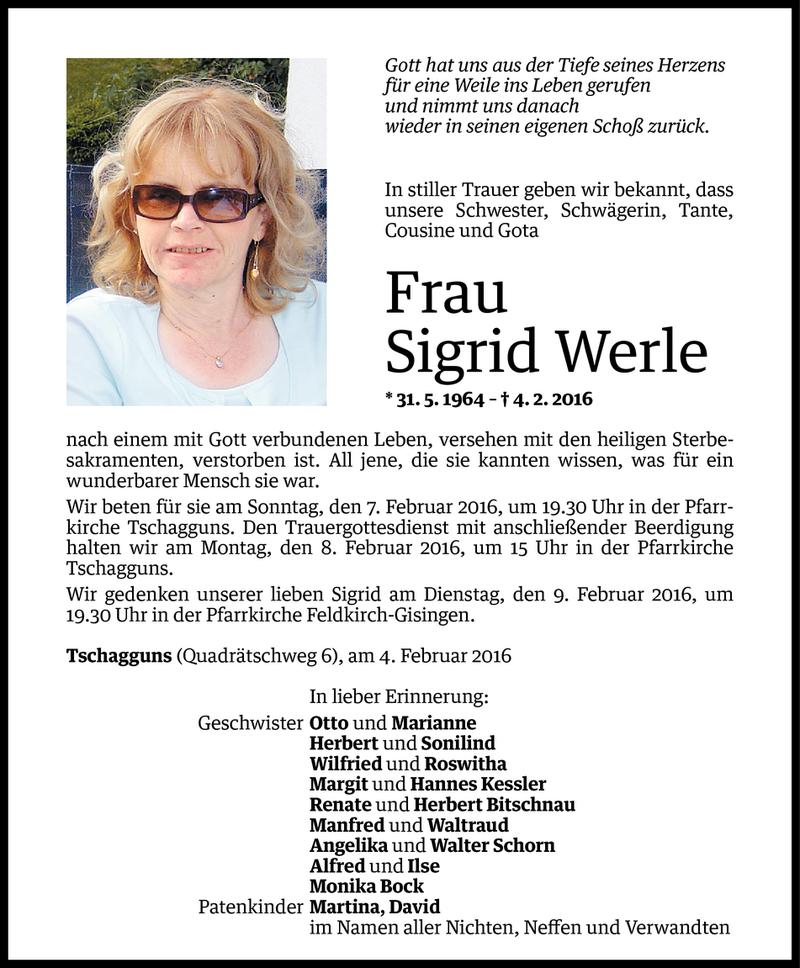  Todesanzeige für Sigrid Werle vom 05.02.2016 aus Vorarlberger Nachrichten