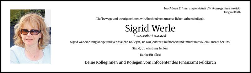  Todesanzeige für Sigrid Werle vom 05.02.2016 aus Vorarlberger Nachrichten