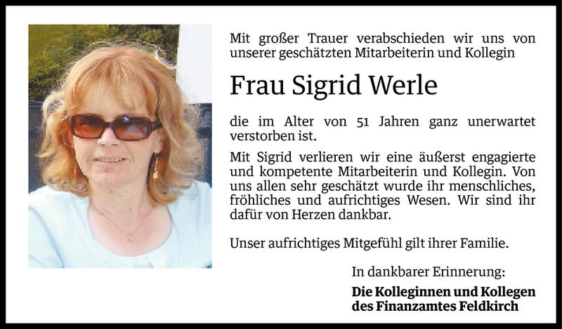  Todesanzeige für Sigrid Werle vom 05.02.2016 aus Vorarlberger Nachrichten