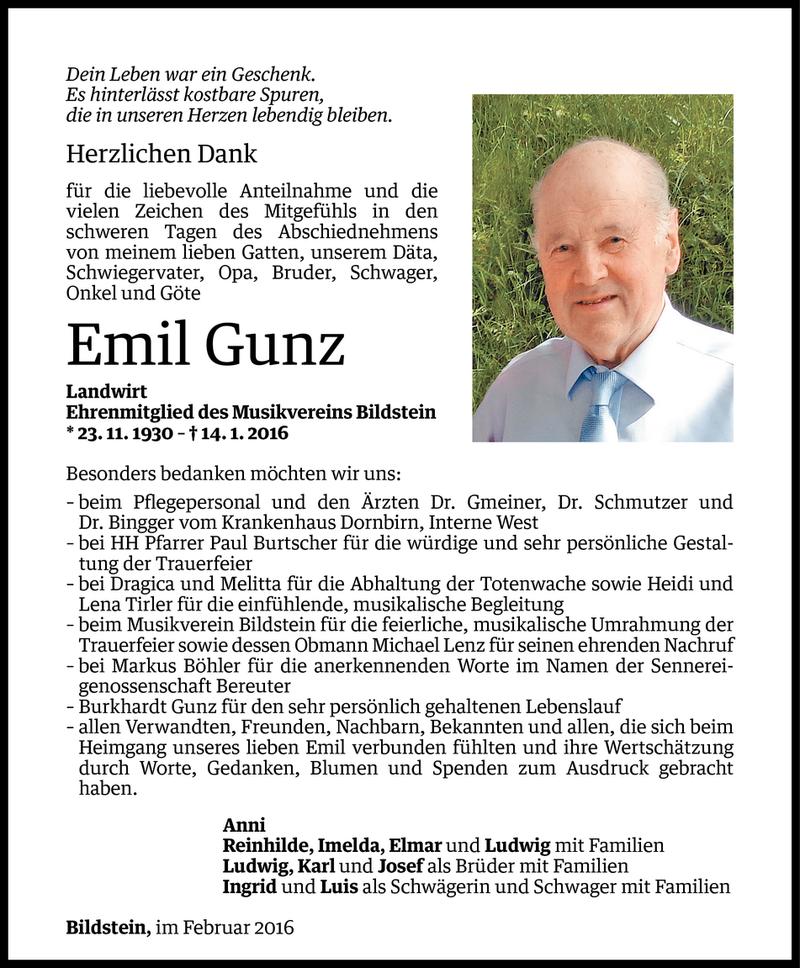  Todesanzeige für Emil Gunz vom 05.02.2016 aus Vorarlberger Nachrichten