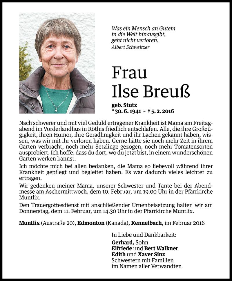  Todesanzeige für Ilse Breuß vom 08.02.2016 aus Vorarlberger Nachrichten