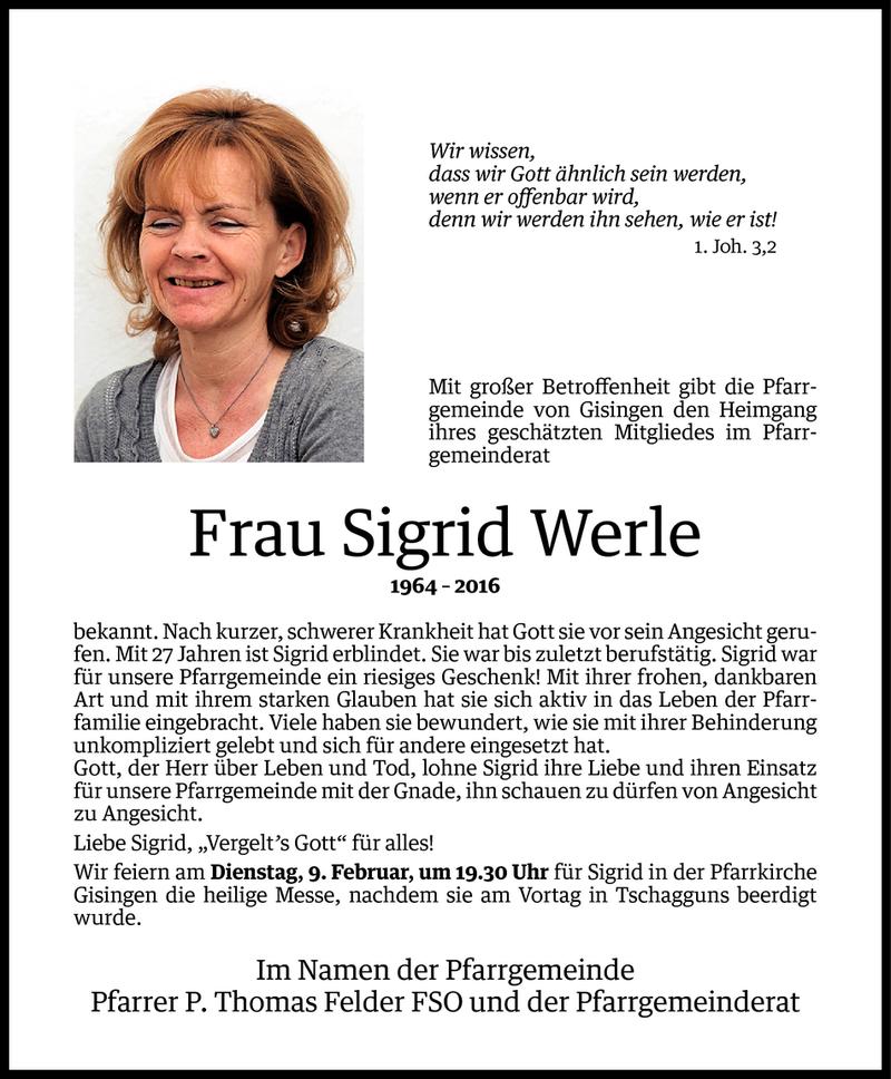  Todesanzeige für Sigrid Werle vom 07.02.2016 aus Vorarlberger Nachrichten