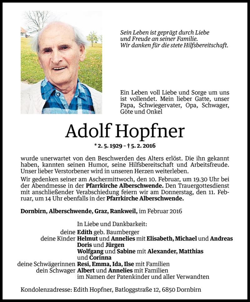  Todesanzeige für Adolf Hopfner vom 08.02.2016 aus Vorarlberger Nachrichten