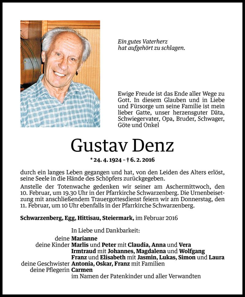  Todesanzeige für Gustav Denz vom 08.02.2016 aus Vorarlberger Nachrichten