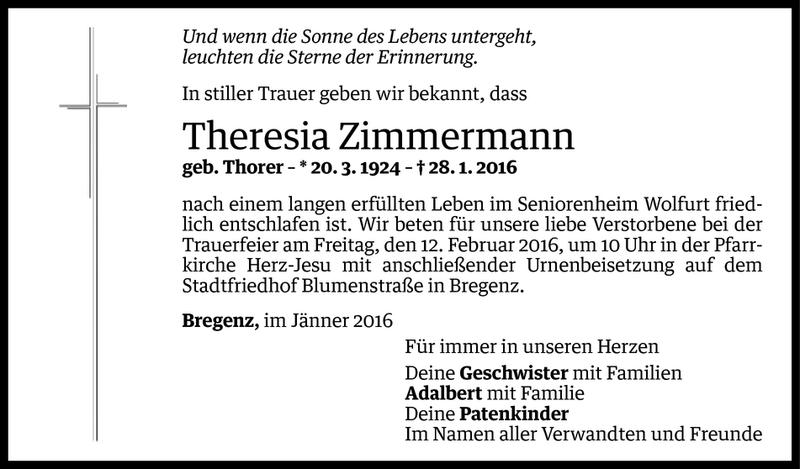  Todesanzeige für Theresia Zimmermann vom 08.02.2016 aus Vorarlberger Nachrichten