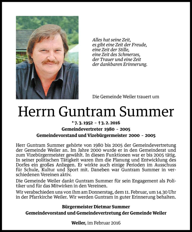  Todesanzeige für Guntram Summer vom 08.02.2016 aus Vorarlberger Nachrichten