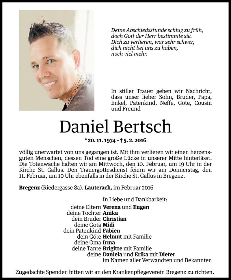  Todesanzeige für Daniel Bertsch vom 08.02.2016 aus Vorarlberger Nachrichten