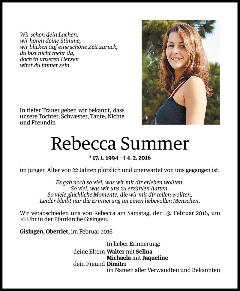  Todesanzeige für Rebecca Summer vom 09.02.2016 aus Vorarlberger Nachrichten