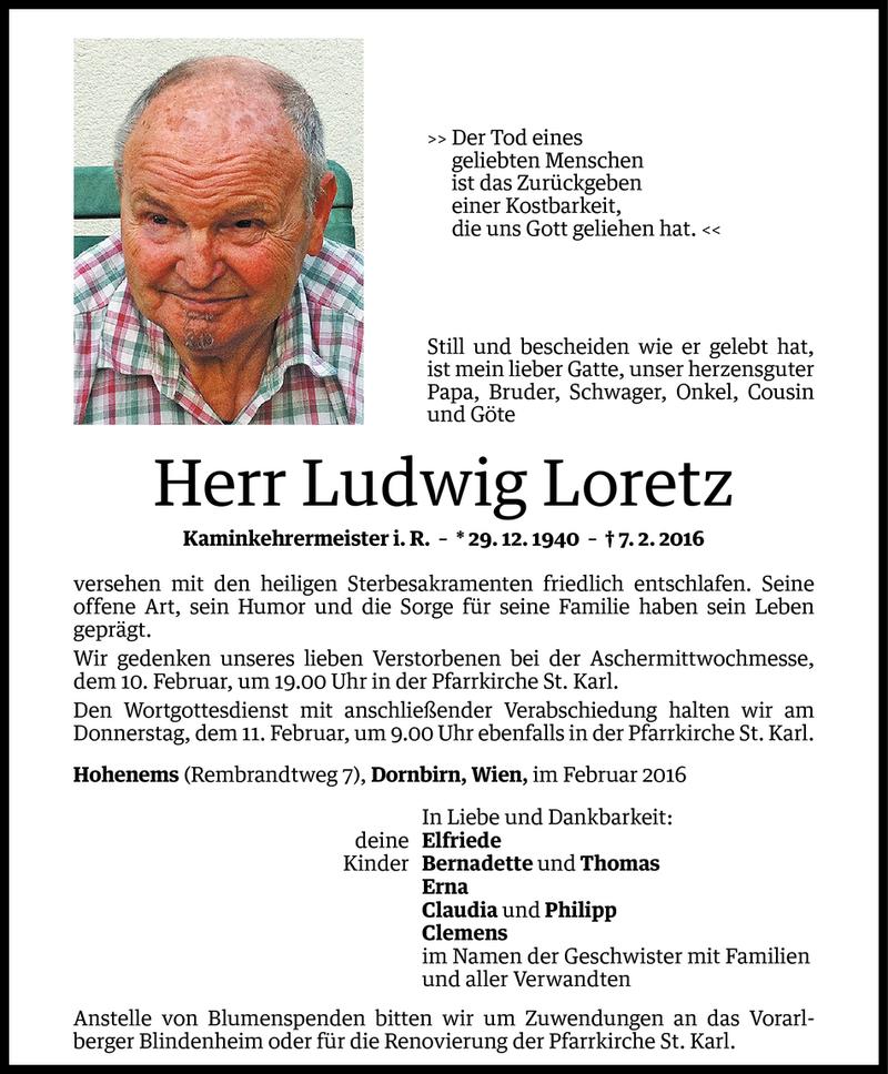  Todesanzeige für Ludwig Loretz vom 09.02.2016 aus Vorarlberger Nachrichten