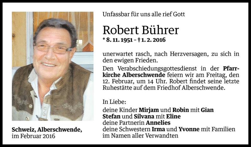  Todesanzeige für Robert Bührer vom 09.02.2016 aus Vorarlberger Nachrichten