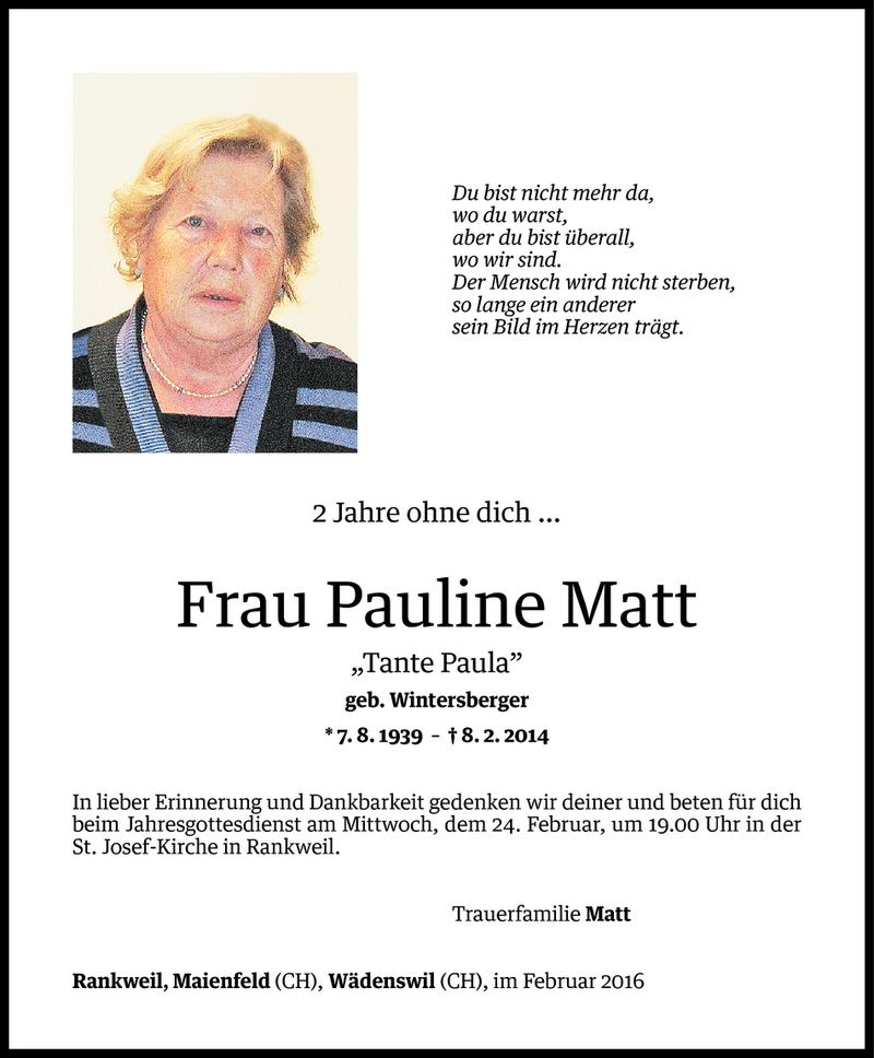  Todesanzeige für Pauline Matt vom 24.02.2016 aus Vorarlberger Nachrichten