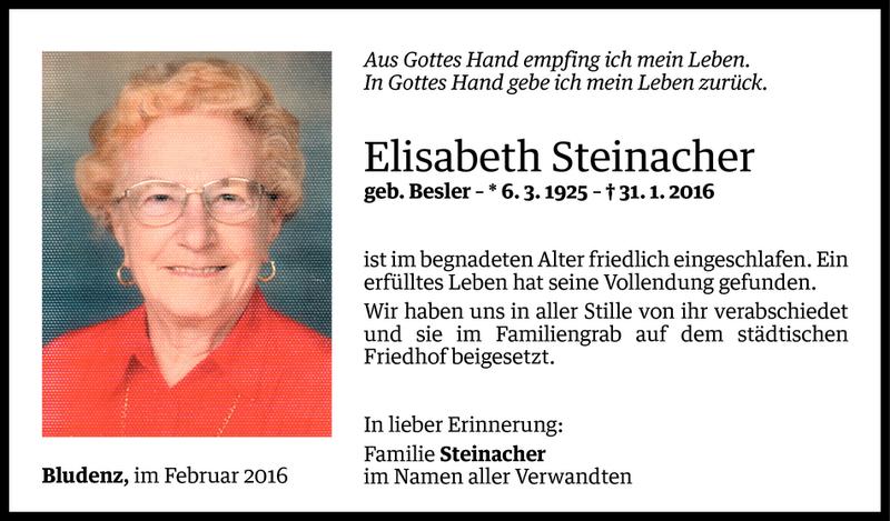  Todesanzeige für Elisabeth Steinacher vom 15.02.2016 aus Vorarlberger Nachrichten