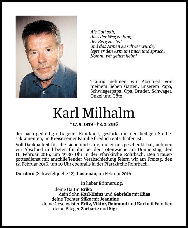  Todesanzeige für Karl Milhalm vom 09.02.2016 aus Vorarlberger Nachrichten