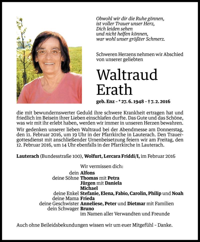  Todesanzeige für Waltraud Erath vom 09.02.2016 aus Vorarlberger Nachrichten