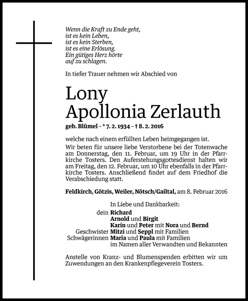  Todesanzeige für Apollonia Zerlauth vom 09.02.2016 aus Vorarlberger Nachrichten