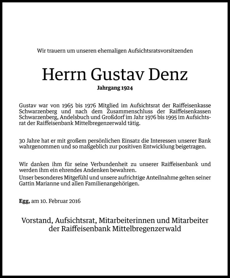 Todesanzeige für Gustav Denz vom 09.02.2016 aus Vorarlberger Nachrichten