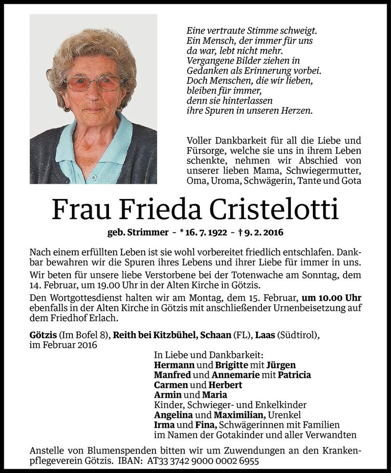  Todesanzeige für Frieda Cristelotti vom 11.02.2016 aus Vorarlberger Nachrichten