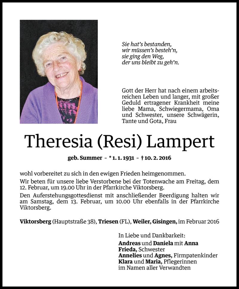  Todesanzeige für Theresia Lampert vom 11.02.2016 aus Vorarlberger Nachrichten