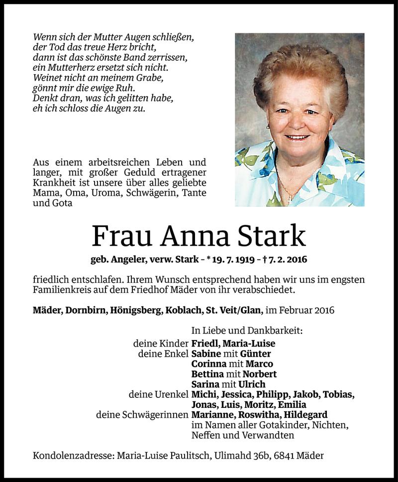  Todesanzeige für Anna Stark vom 13.02.2016 aus Vorarlberger Nachrichten