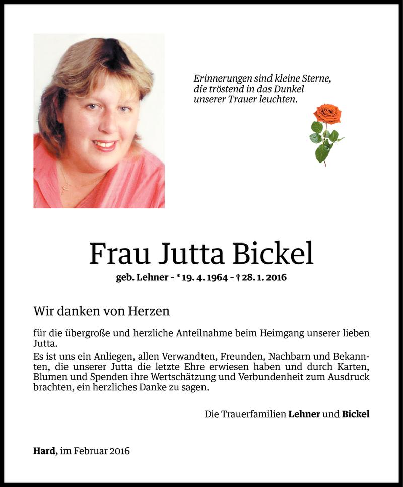  Todesanzeige für Jutta Bickel vom 14.02.2016 aus Vorarlberger Nachrichten