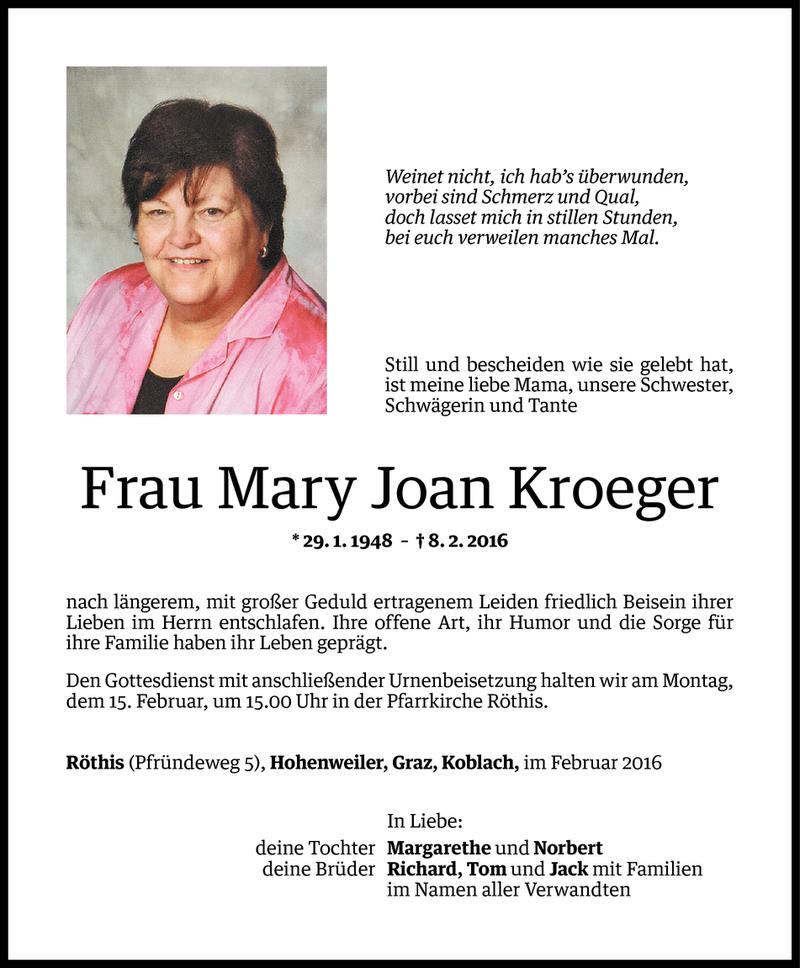  Todesanzeige für Mary Joan Kroeger vom 13.02.2016 aus Vorarlberger Nachrichten