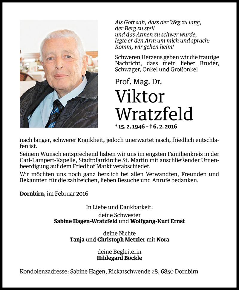  Todesanzeige für Viktor Wratzfeld vom 17.02.2016 aus Vorarlberger Nachrichten