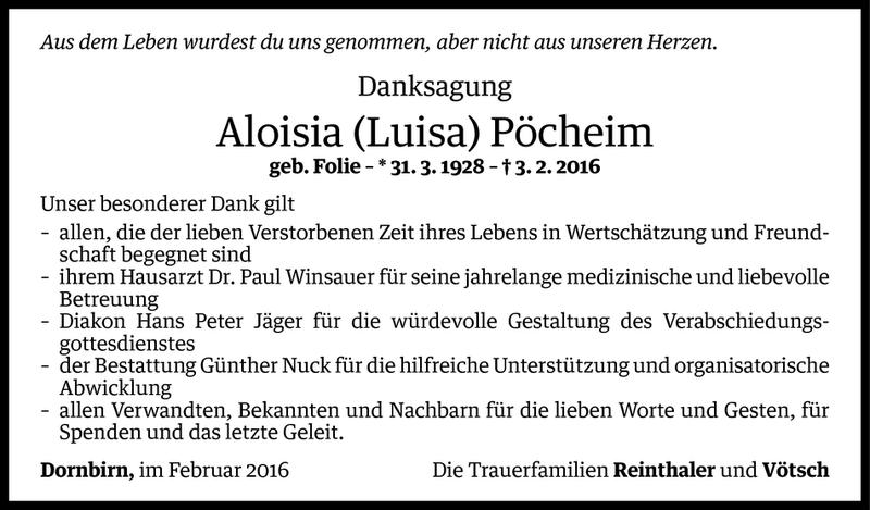  Todesanzeige für Aloisia Pöcheim vom 11.02.2016 aus Vorarlberger Nachrichten