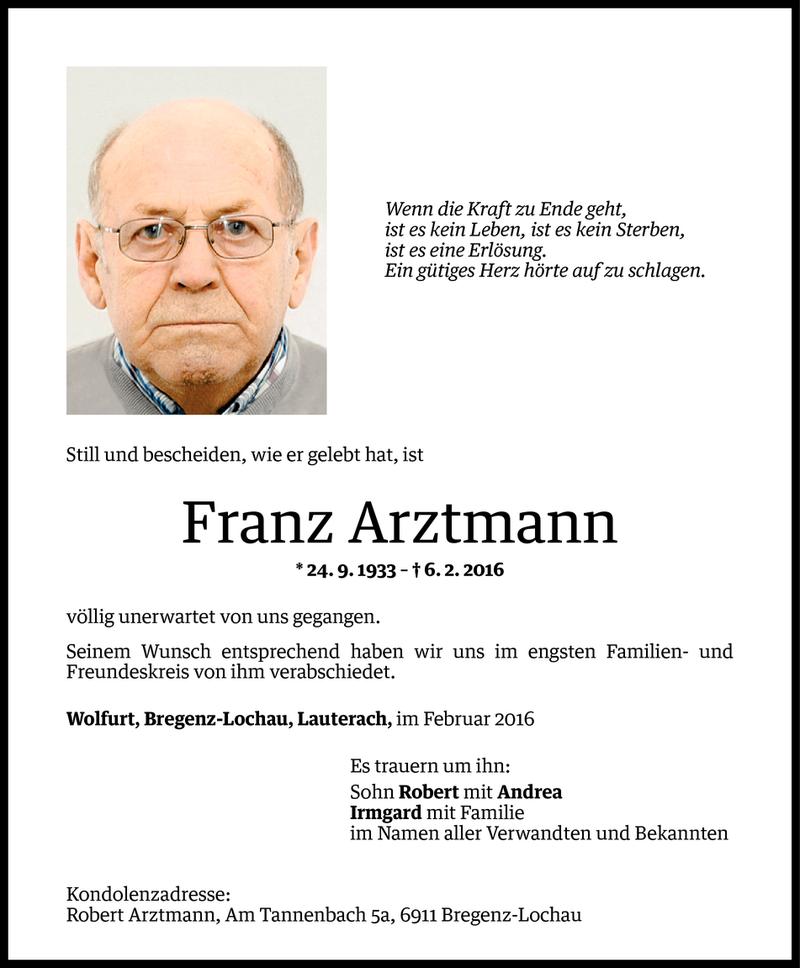  Todesanzeige für Franz Arztmann vom 13.02.2016 aus Vorarlberger Nachrichten