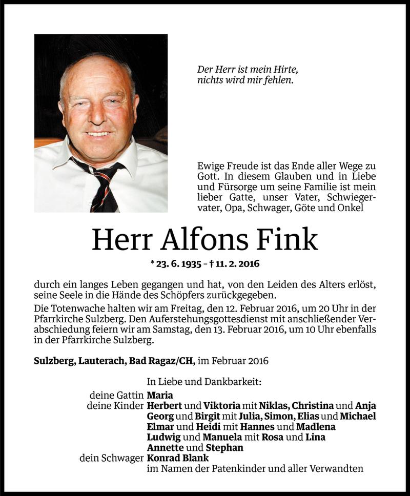  Todesanzeige für Alfons Fink vom 11.02.2016 aus Vorarlberger Nachrichten