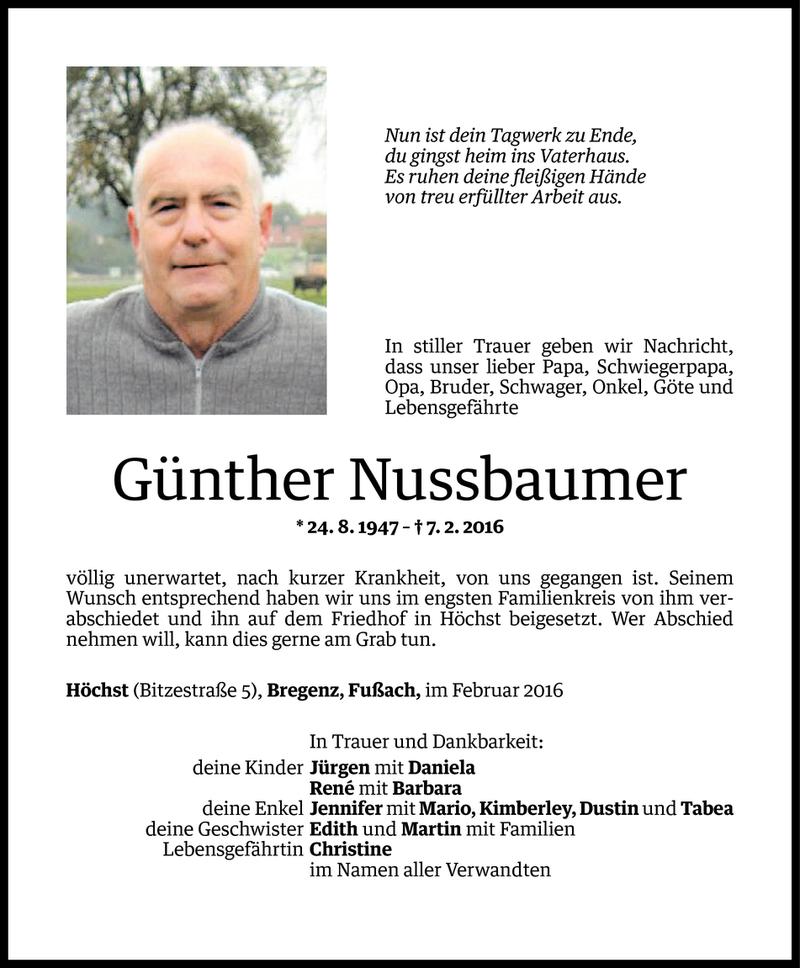  Todesanzeige für Günther Nussbaumer vom 13.02.2016 aus Vorarlberger Nachrichten