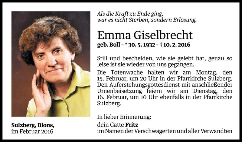  Todesanzeige für Emma Giselbrecht vom 12.02.2016 aus Vorarlberger Nachrichten