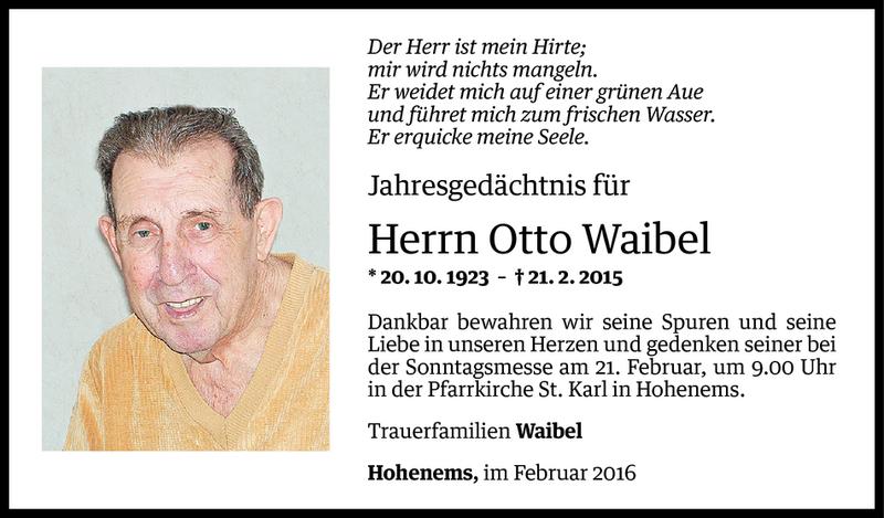  Todesanzeige für Otto Waibel vom 19.02.2016 aus Vorarlberger Nachrichten