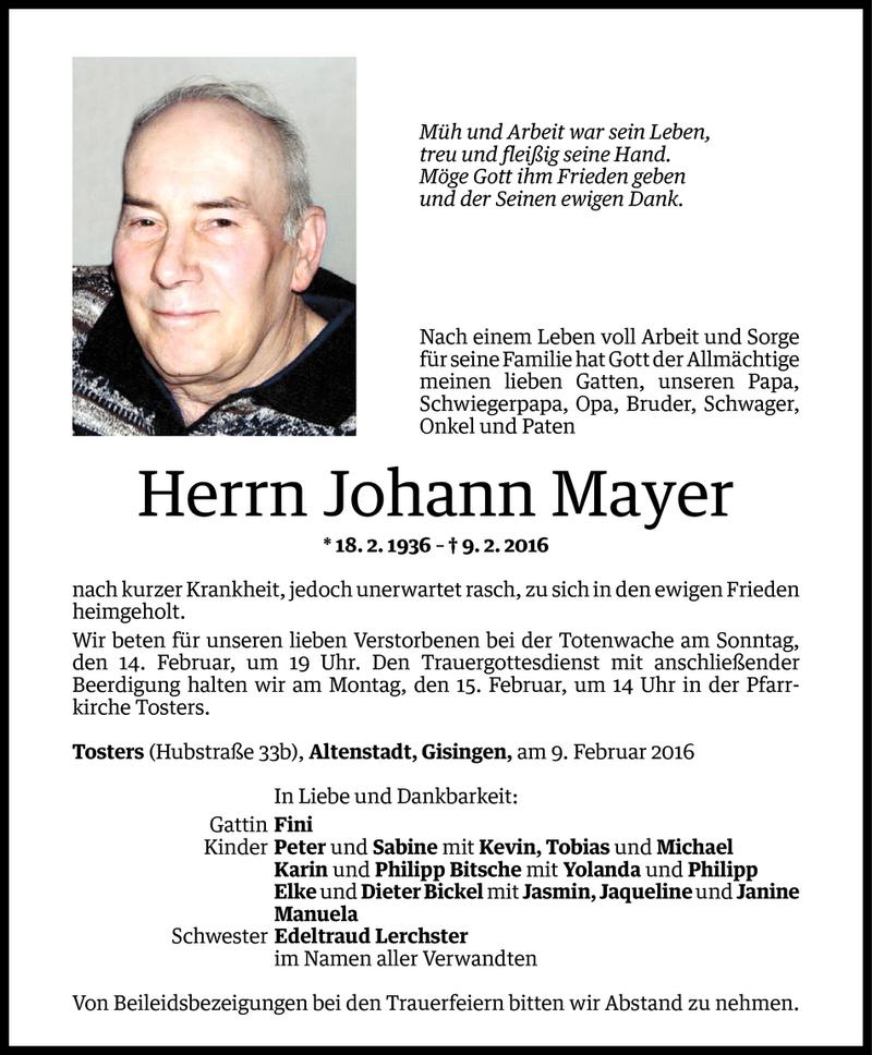  Todesanzeige für Johann Mayer vom 12.02.2016 aus Vorarlberger Nachrichten