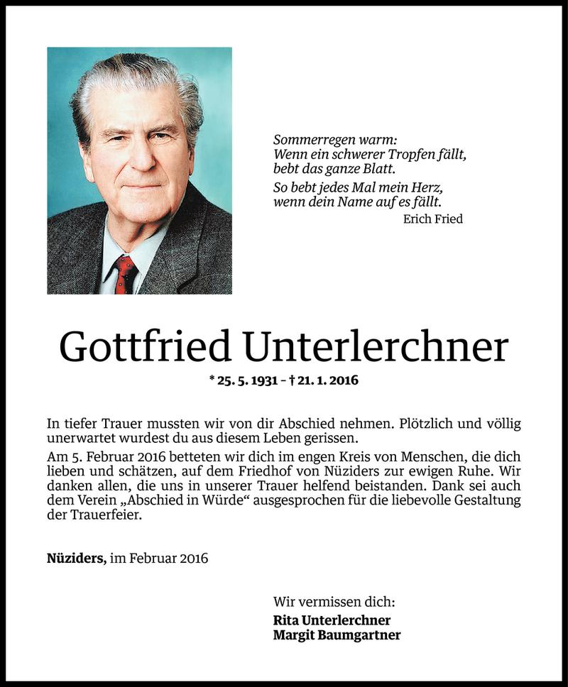  Todesanzeige für Gottfried Unterlerchner vom 12.02.2016 aus Vorarlberger Nachrichten