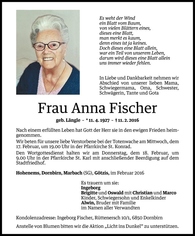  Todesanzeige für Anna Fischer vom 13.02.2016 aus Vorarlberger Nachrichten