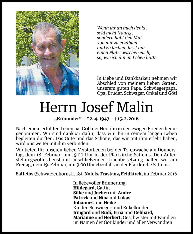  Todesanzeige für Josef Malin vom 16.02.2016 aus Vorarlberger Nachrichten