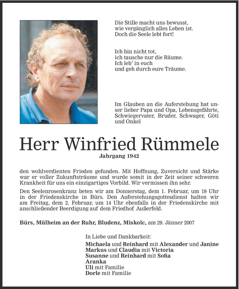  Todesanzeige für Winfried Rümmele vom 31.01.2007 aus Vorarlberger Nachrichten