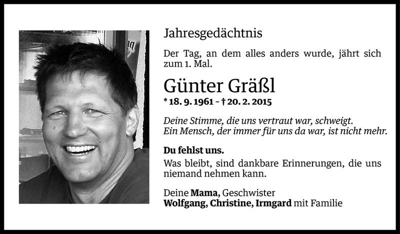  Todesanzeige für Günter Gräßl vom 20.02.2016 aus Vorarlberger Nachrichten