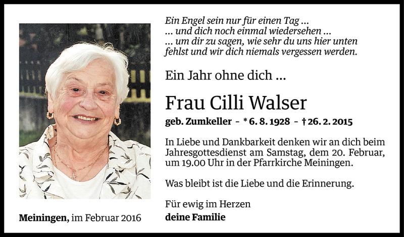  Todesanzeige für Cilli Walser vom 18.02.2016 aus Vorarlberger Nachrichten