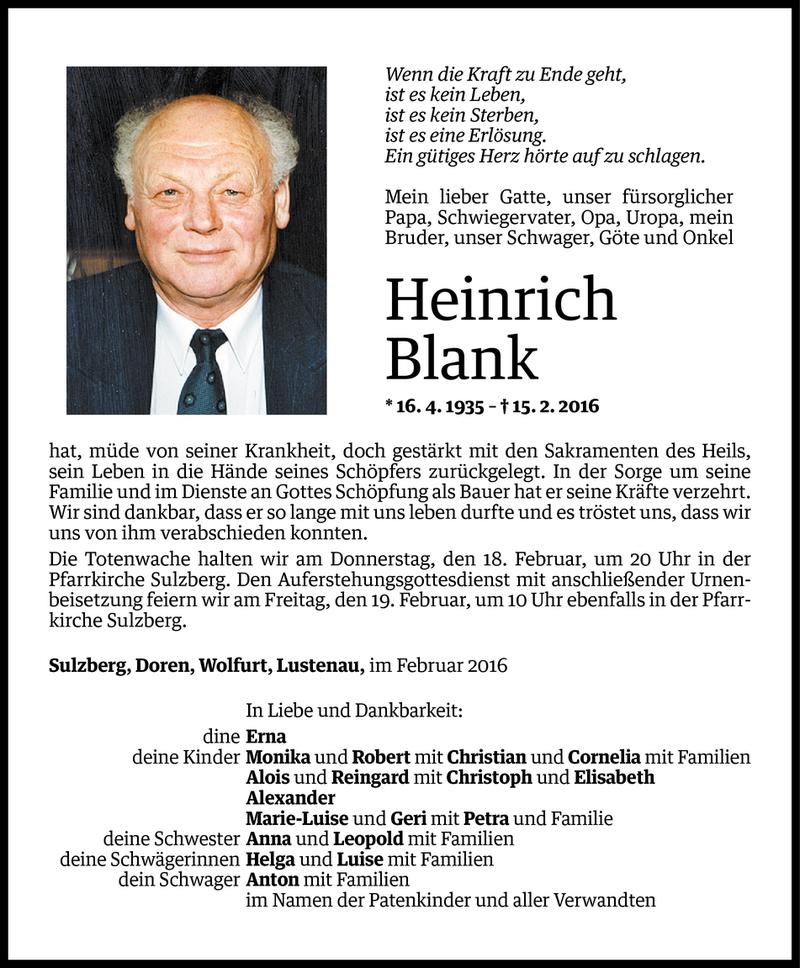  Todesanzeige für Heinrich Blank vom 16.02.2016 aus Vorarlberger Nachrichten